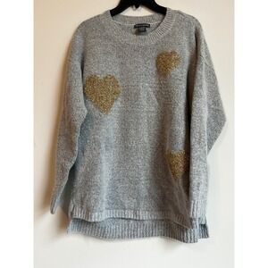 Chelsea & Theodore Womens Gray Glitter Heart Long‎ Sleeve Crew Neck Sweater Sz L